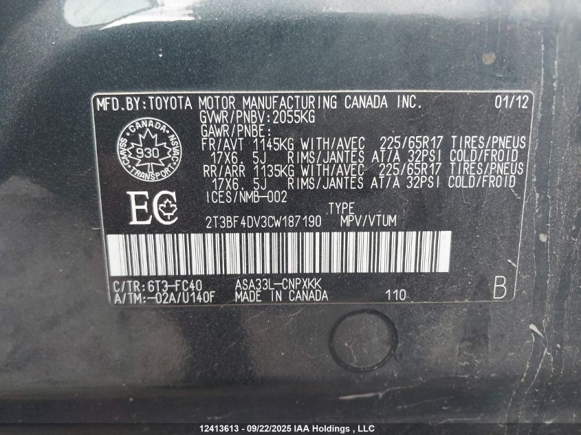 2012 Toyota Rav4 VIN: 2T3BF4DV3CW187190 Lot: 12413613