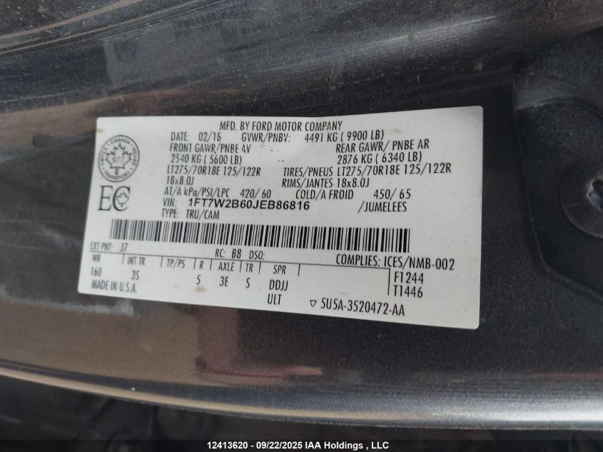 2018 Ford F-250 Xlt VIN: 1FT7W2B60JEB86816 Lot: 12413620