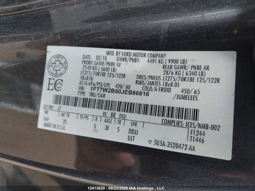 2018 Ford F-250 Xlt VIN: 1FT7W2B60JEB86816 Lot: 12413620