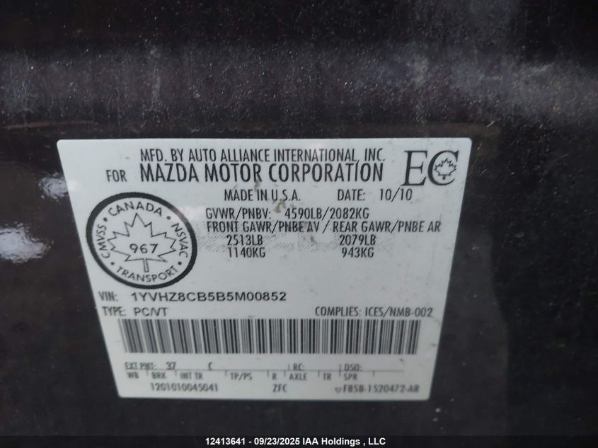 2011 Mazda Mazda6 Gt-V6 VIN: 1YVHZ8CB5B5M00852 Lot: 12413641