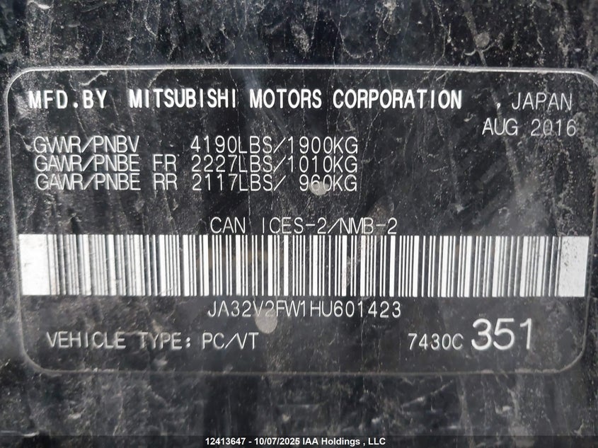 2017 Mitsubishi Lancer Es/Gts/Se Anniversary Edition/Se Black Edition/Se Ltd VIN: JA32V2FW1HU601423 Lot: 12413647