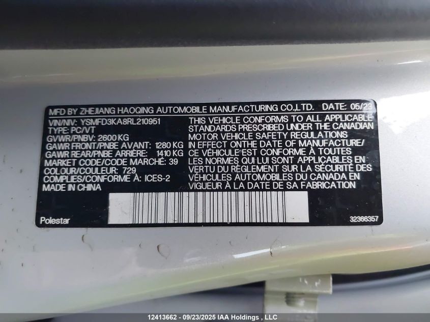 2024 Polestar 2 Long Range Dual Motor/Long Range Dual Motor Plus VIN: YSMFD3KA8RL210951 Lot: 12413662