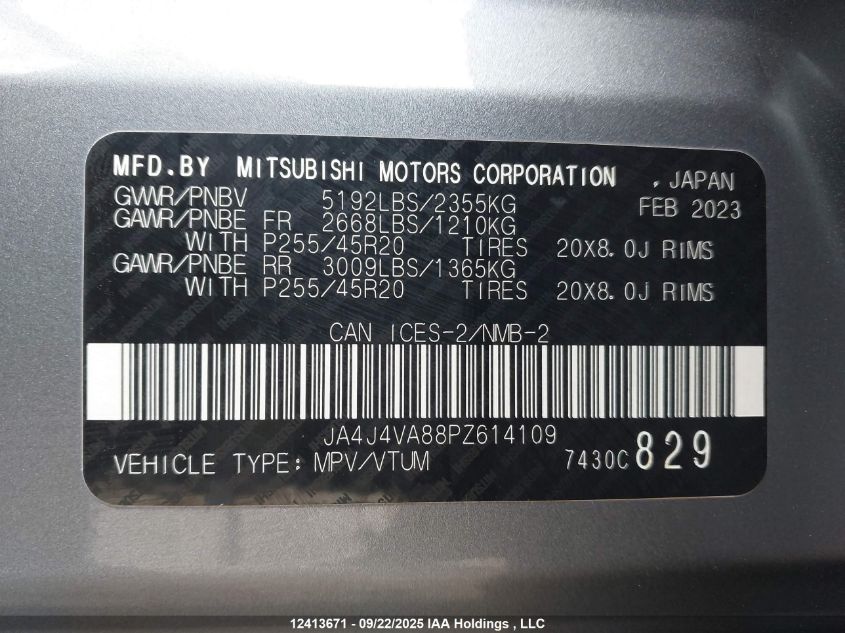 2023 Mitsubishi Outlander Sel/Sel Black Edition/Sel Touring/Sel Premium/40Th Anniversary VIN: JA4J4VA88PZ614109 Lot: 12413671