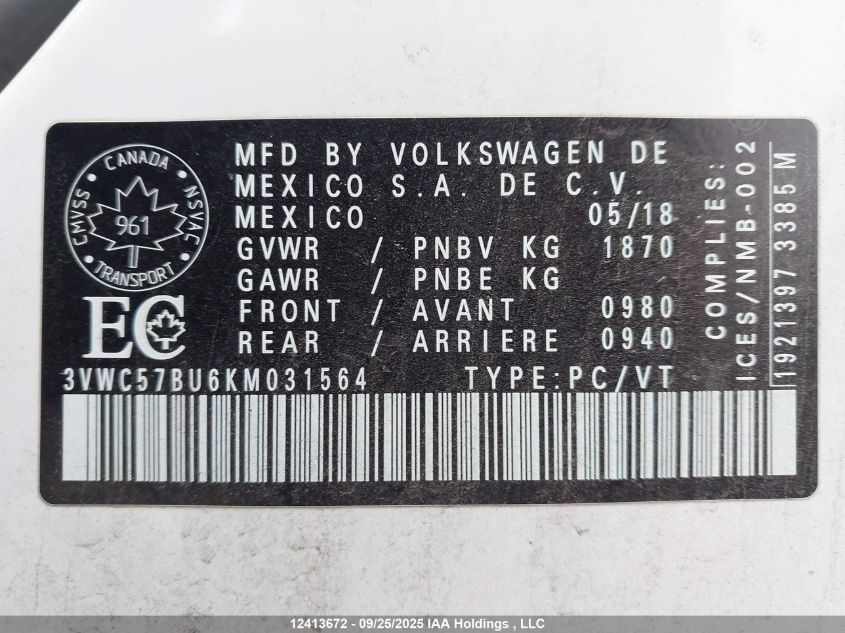 2019 Volkswagen Jetta VIN: 3VWC57BU6KM031564 Lot: 12413672