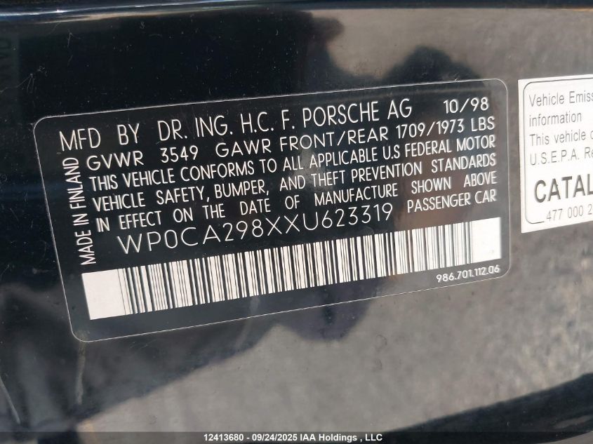 1999 Porsche Boxster VIN: WP0CA298XXU623319 Lot: 12413680