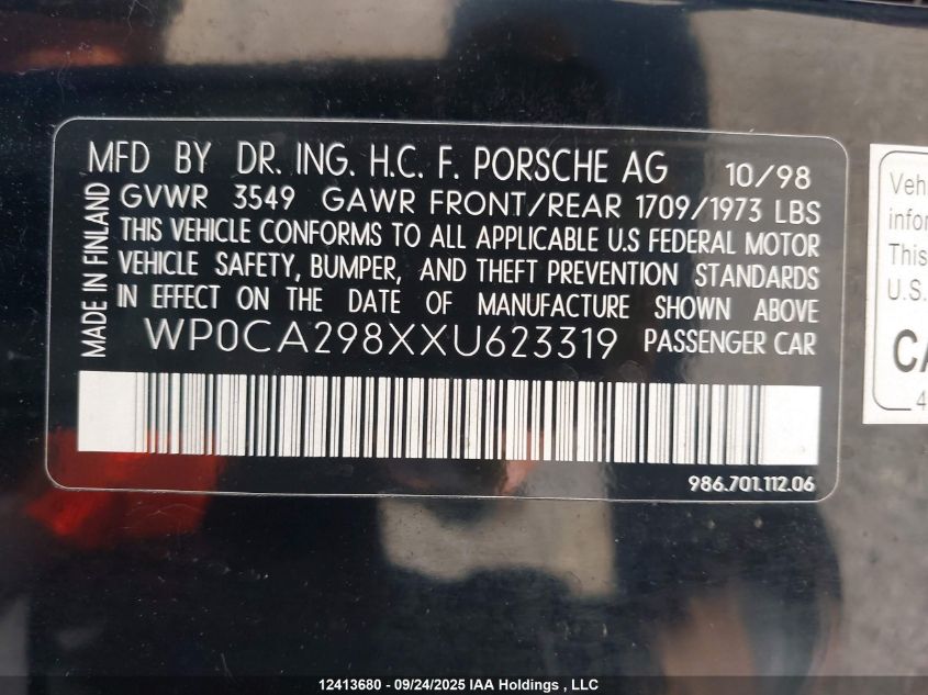 1999 Porsche Boxster VIN: WP0CA298XXU623319 Lot: 12413680