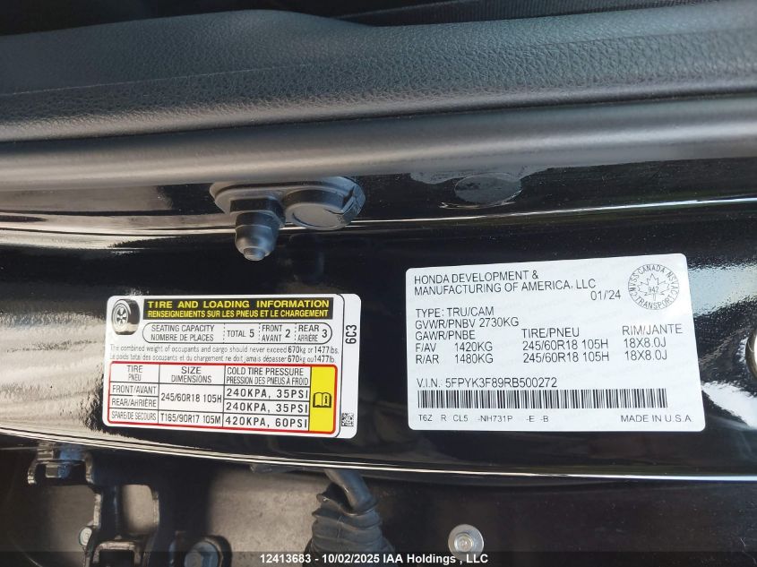 2024 Honda Ridgeline Black Edition VIN: 5FPYK3F89RB500272 Lot: 12413683