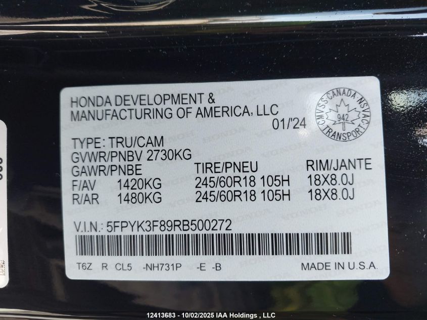 2024 Honda Ridgeline Black Edition VIN: 5FPYK3F89RB500272 Lot: 12413683