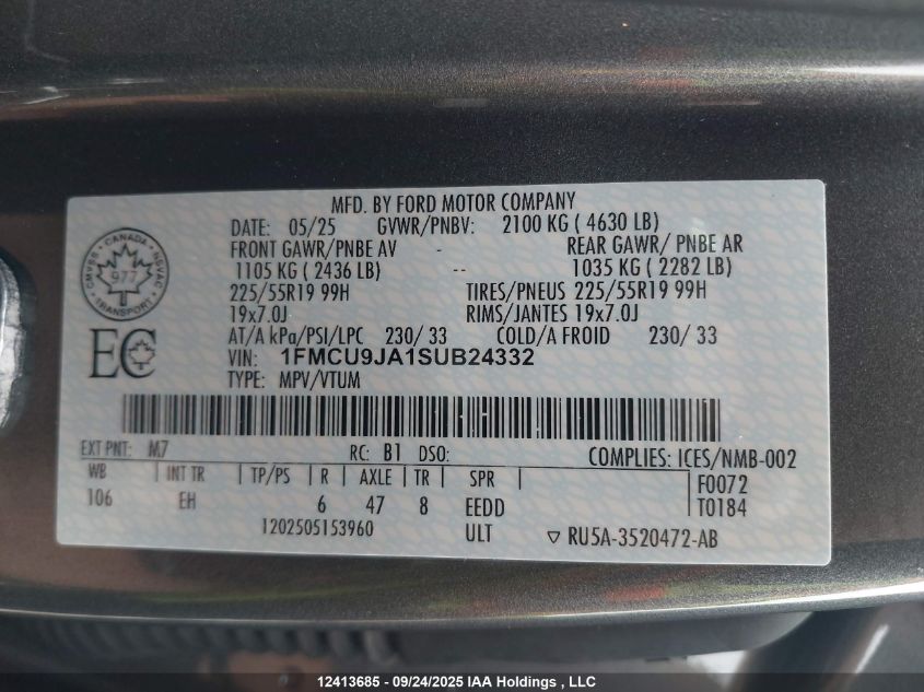 2025 Ford Escape Platinum VIN: 1FMCU9JA1SUB24332 Lot: 12413685