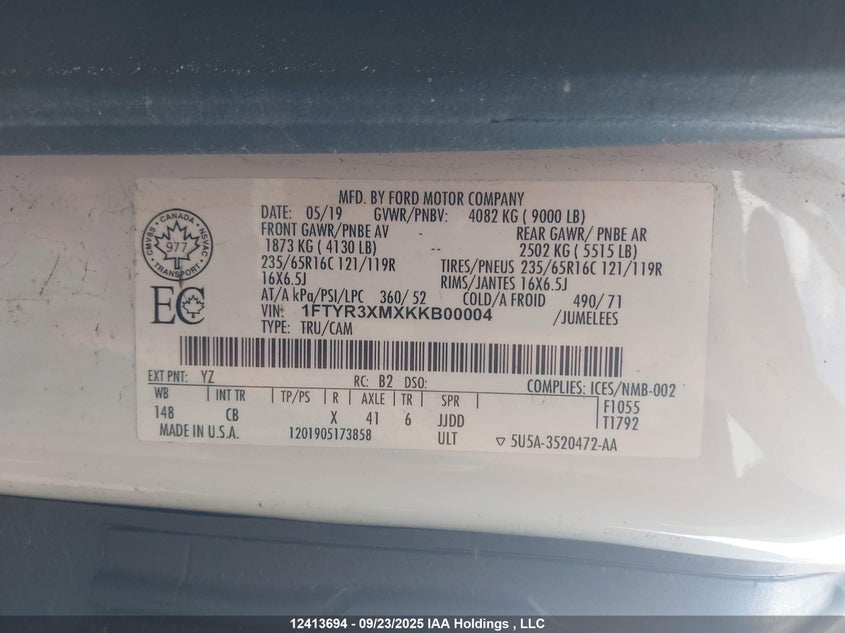 1FTYR3XMXKKB00004 2019 FORD TRANSIT photo no. 9