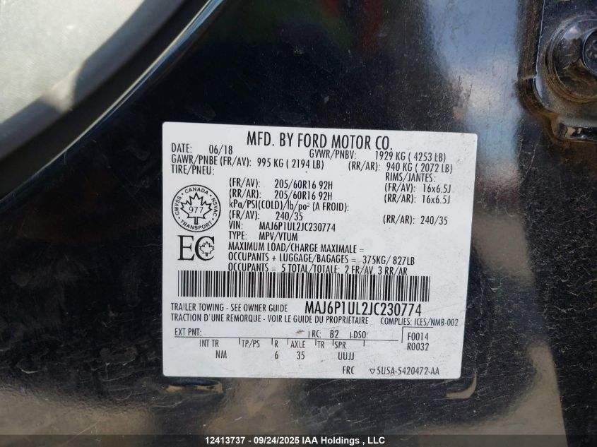 2018 Ford Ecosport Se VIN: MAJ6P1UL2JC230774 Lot: 12413737