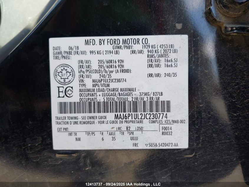 2018 Ford Ecosport Se VIN: MAJ6P1UL2JC230774 Lot: 12413737