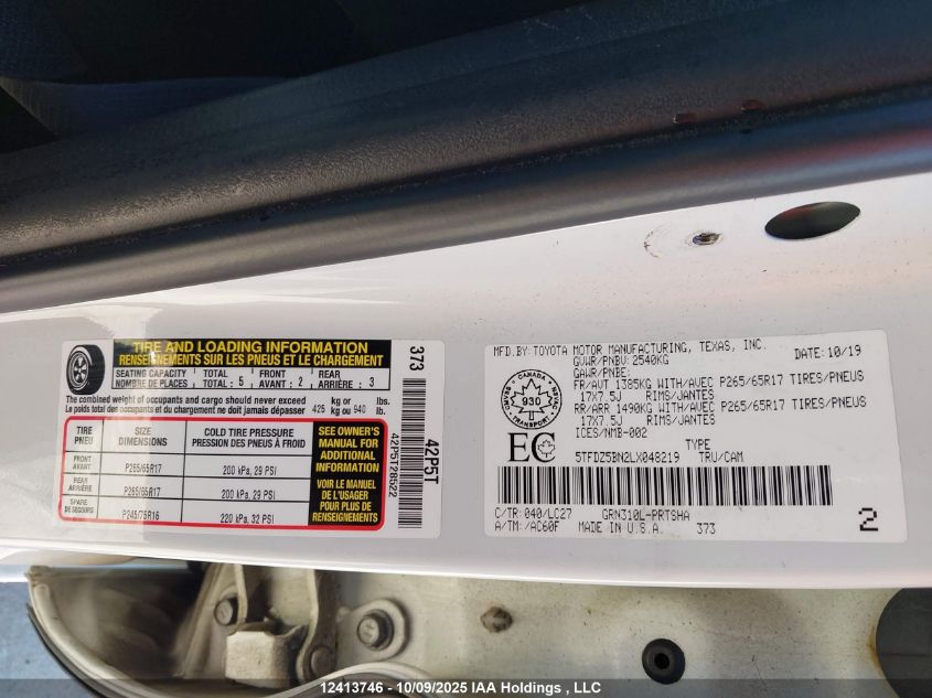 2020 Toyota Tacoma Double Cab/Sr5/Trd Sport/Trd Off Road VIN: 5TFDZ5BN2LX048219 Lot: 12413746