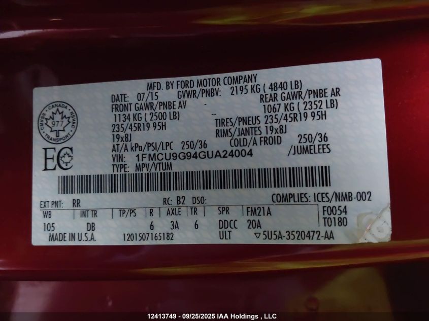 2016 Ford Escape VIN: 1FMCU9G94GUA24004 Lot: 12413749