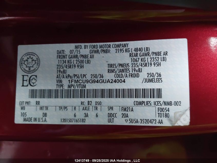2016 Ford Escape VIN: 1FMCU9G94GUA24004 Lot: 12413749