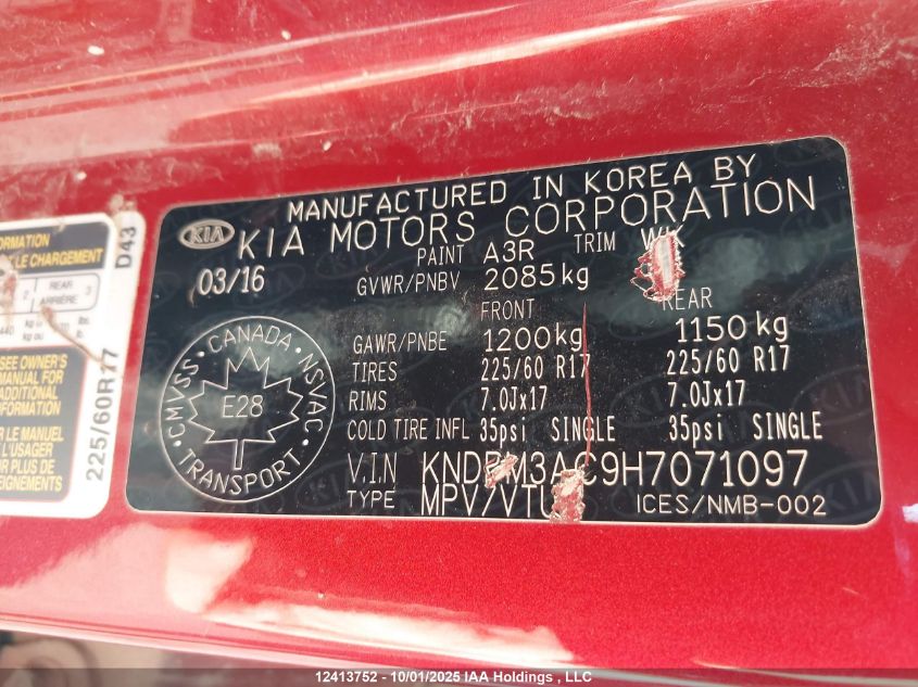 2017 Kia Sportage Lx VIN: KNDPM3AC9H7071097 Lot: 12413752
