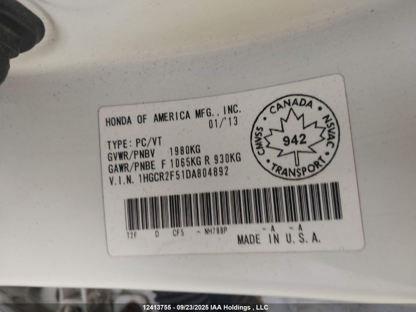2013 Honda Accord VIN: 1HGCR2F51DA804892 Lot: 12413755