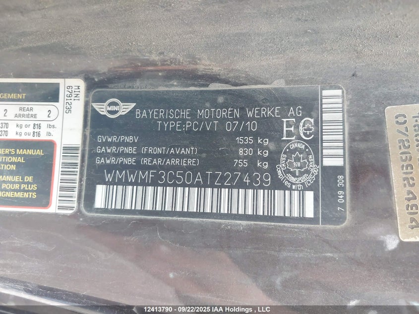 2010 Mini Cooper VIN: WMWMF3C50ATZ27439 Lot: 12413790