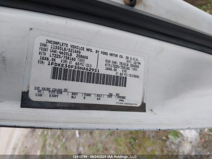 1995 Ford Econoline E350 Cargo Van Diese VIN: 1FDKE30F3SHA62931 Lot: 12413799