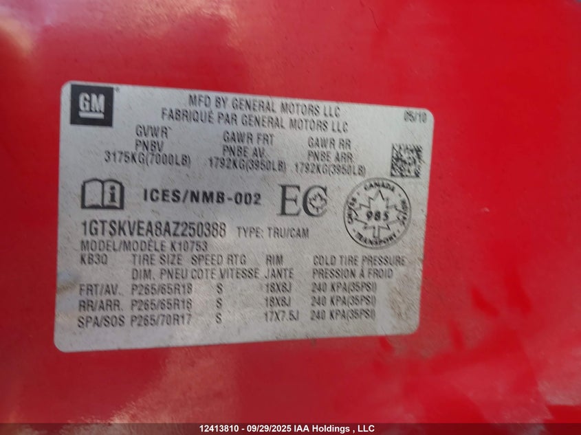 1GTSKVEA8AZ250388 2010 GMC SIERRA photo no. 9