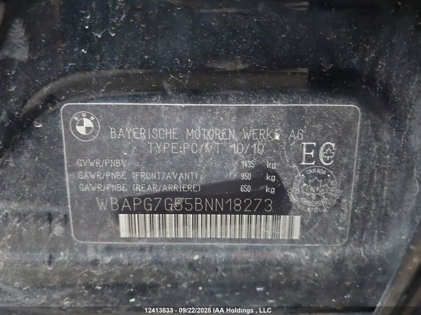 2011 BMW 3 Series VIN: WBAPG7G55BNN18273 Lot: 12413833