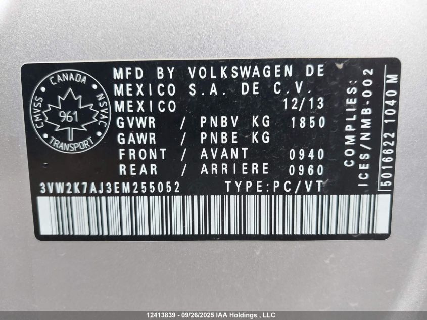 2014 Volkswagen Jetta S VIN: 3VW2K7AJ3EM255052 Lot: 12413839