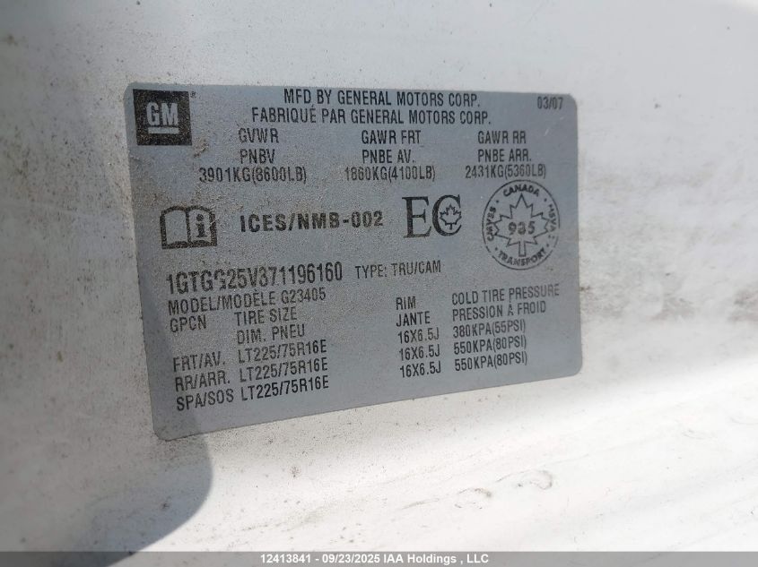 2007 GMC Savana Standard VIN: 1GTGG25V371196160 Lot: 12413841