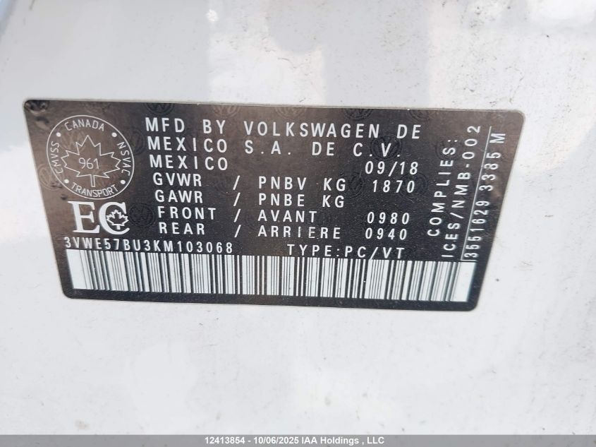 2019 Volkswagen Jetta Sel VIN: 3VWE57BU3KM103068 Lot: 12413854