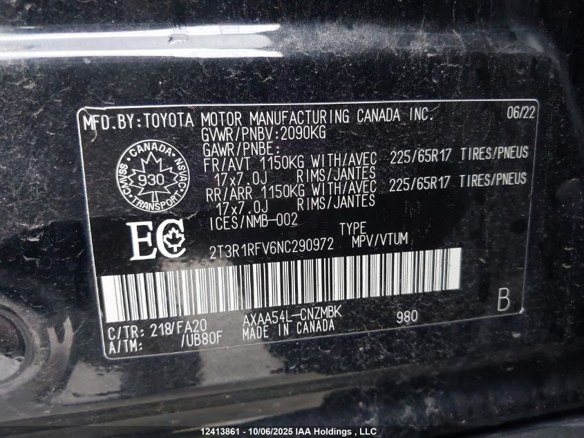 2022 Toyota Rav4 Xle/Xle Premium VIN: 2T3R1RFV6NC290972 Lot: 12413861