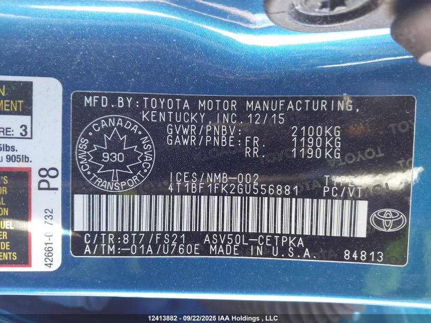 2016 Toyota Camry Xse VIN: 4T1BF1FK2GU556881 Lot: 12413882