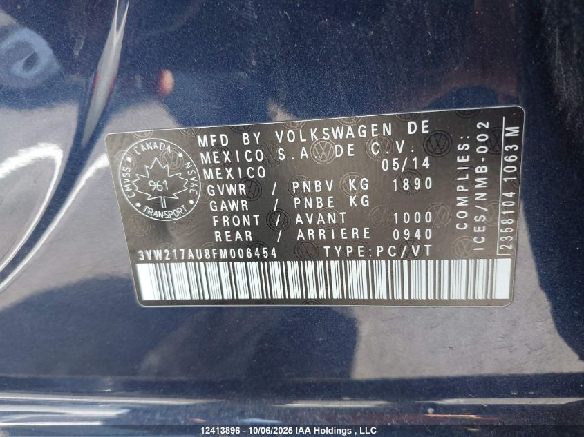 2015 Volkswagen Golf 1.8 Tsi Comfortline/1.8 Tsi Highline/1.8 Tsi Trendline VIN: 3VW217AU8FM006454 Lot: 12413896