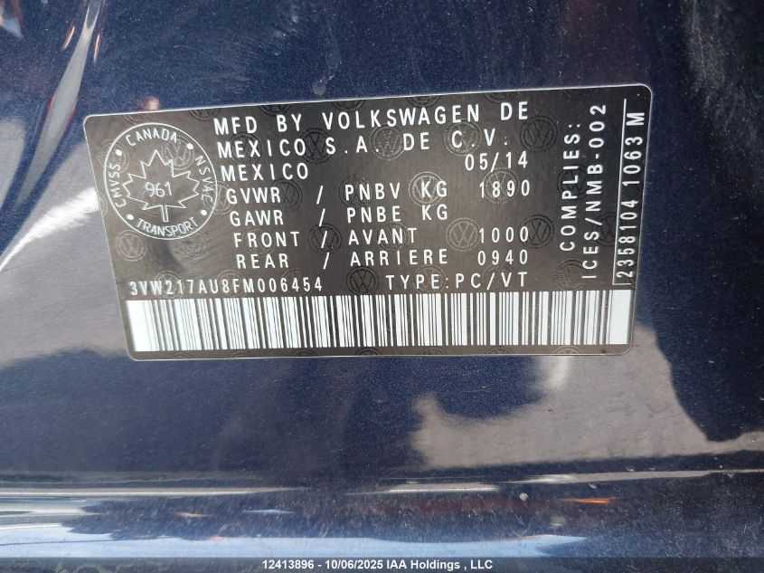 2015 Volkswagen Golf 1.8 Tsi Comfortline/1.8 Tsi Highline/1.8 Tsi Trendline VIN: 3VW217AU8FM006454 Lot: 12413896