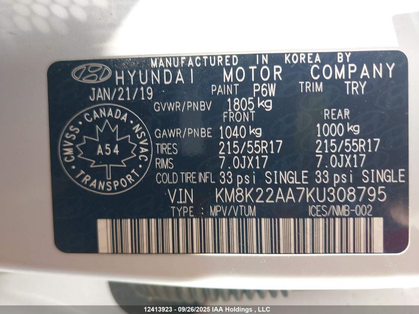 2019 Hyundai Kona 2.0L Preferred VIN: KM8K22AA7KU308795 Lot: 12413923