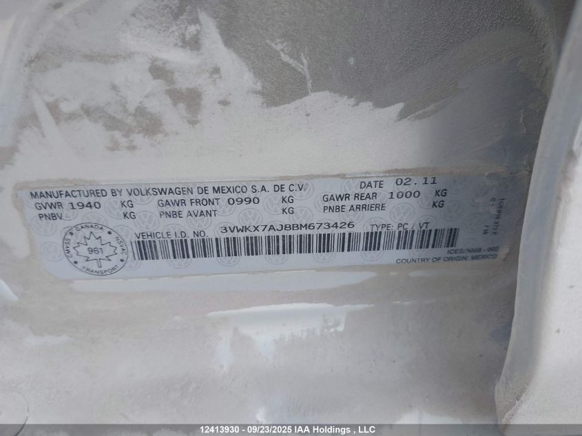 2011 Volkswagen Golf 2.5L Comfortline/2.5L Trendline VIN: 3VWKX7AJ8BM673426 Lot: 12413930