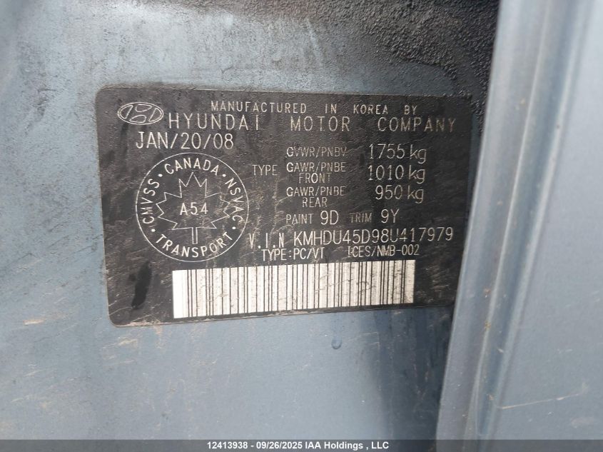 2008 Hyundai Elantra Gl/Gls/Gls Sport/Limited VIN: KMHDU45D98U417979 Lot: 12413938