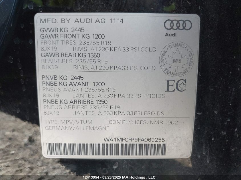 2015 Audi Q5 2.0T Progressiv VIN: WA1MFCFP9FA069255 Lot: 12413954