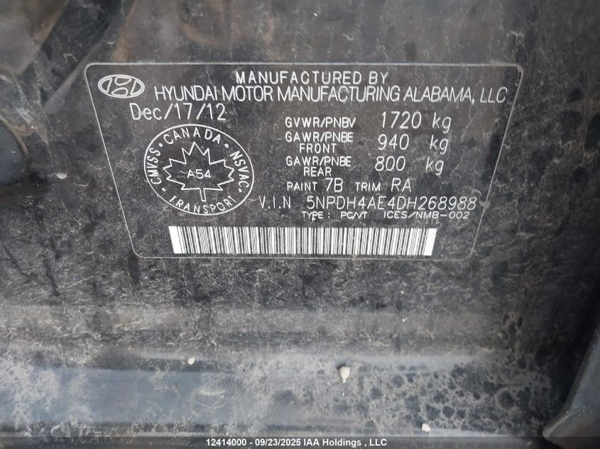 2013 Hyundai Elantra Gl VIN: 5NPDH4AE4DH268988 Lot: 12414000