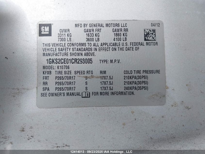 2012 GMC Yukon Slt VIN: 1GKS2CE01CR293005 Lot: 12414013