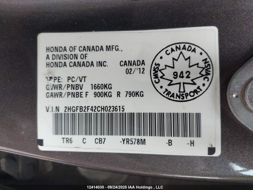 2012 Honda Civic Lx VIN: 2HGFB2F42CH023615 Lot: 12414030