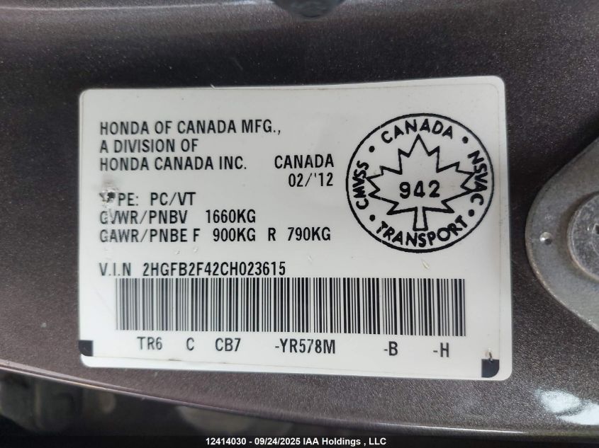 2012 Honda Civic Lx VIN: 2HGFB2F42CH023615 Lot: 12414030