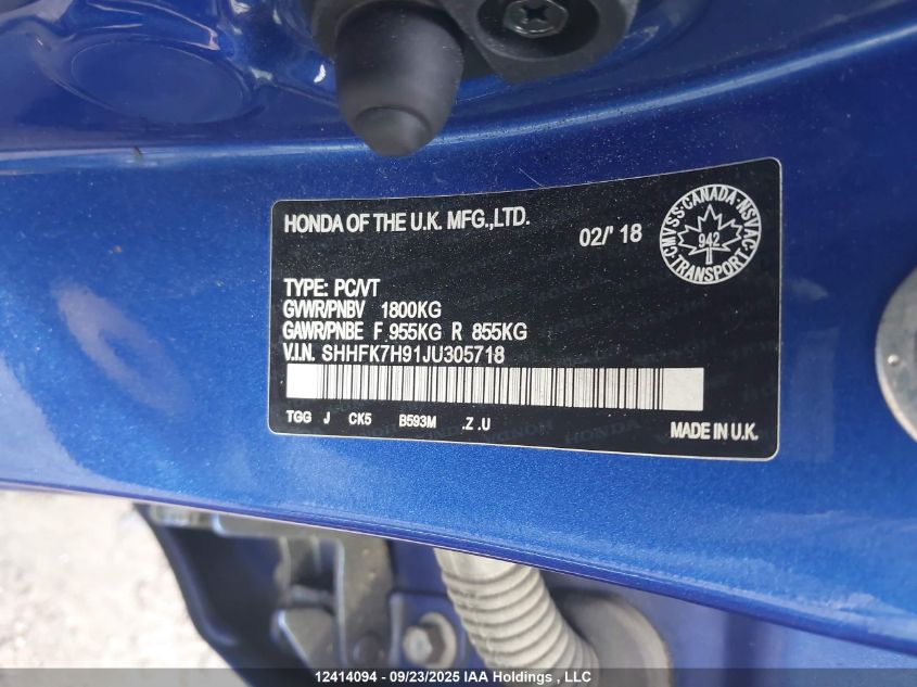 2018 Honda Civic Sport Touring VIN: SHHFK7H91JU305718 Lot: 12414094