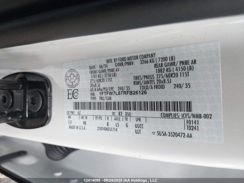 2024 Ford F-150 Platinum VIN: 1FTFW7L87RFB26126 Lot: 12414095