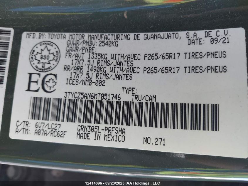 2021 Toyota Tacoma VIN: 3TYCZ5AN6MT051746 Lot: 12414096