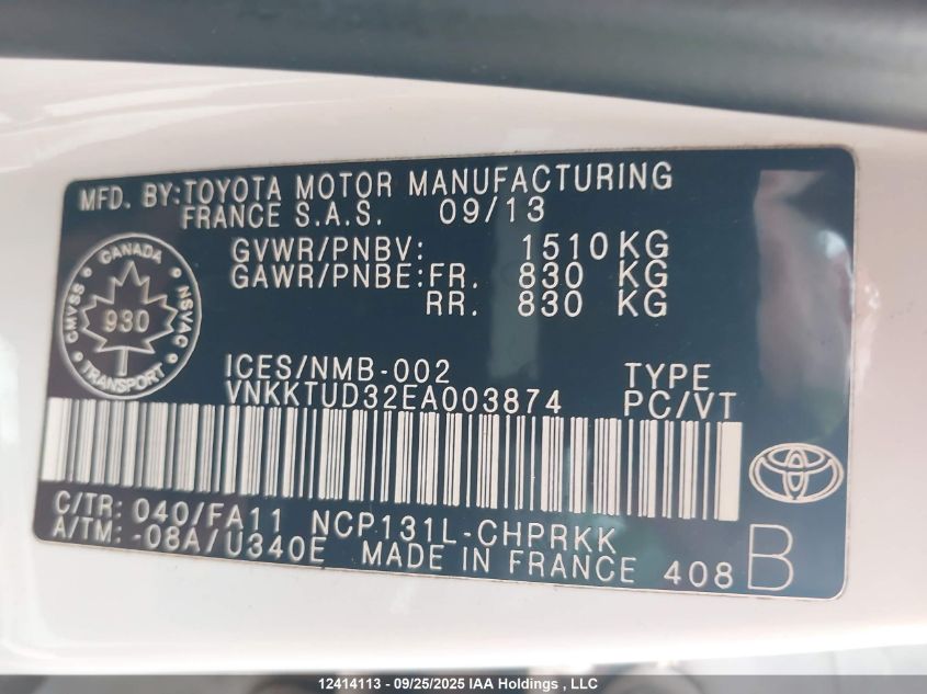 2014 Toyota Yaris Le VIN: VNKKTUD32EA003874 Lot: 12414113