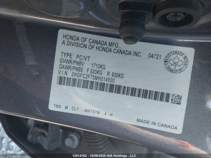 2021 Honda Civic Ex 4Dr VIN: 2HGFC2F75MH014500 Lot: 12414162