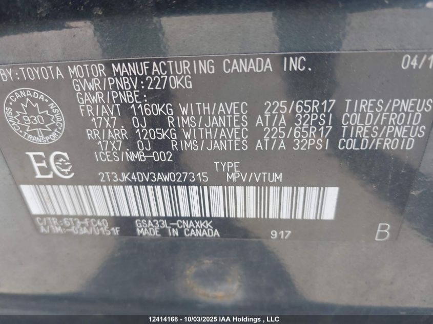 2010 Toyota Rav4 Base V6 VIN: 2T3JK4DV3AW027315 Lot: 12414168