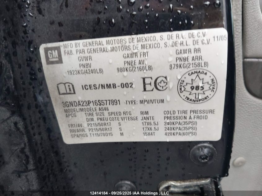 2006 Chevrolet Hhr Lt VIN: 3GNDA23P16S577891 Lot: 12414184