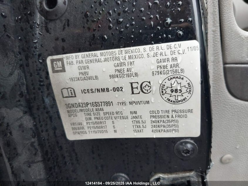 2006 Chevrolet Hhr Lt VIN: 3GNDA23P16S577891 Lot: 12414184