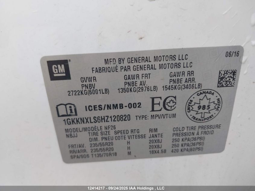 2017 GMC Acadia Denali VIN: 1GKKNXLS6HZ120820 Lot: 12414217