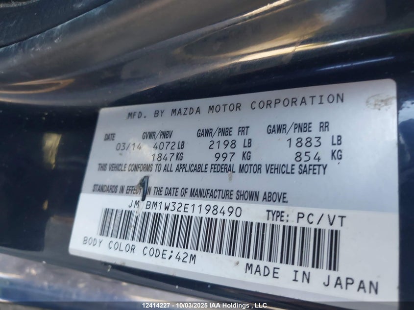 JM1BM1W32E1198490 2014 MAZDA 3 photo no. 9